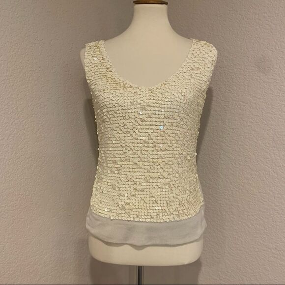 ShuShu Creamy Yellow & Tan Sequin Silk Tank S - Picture 2 of 16